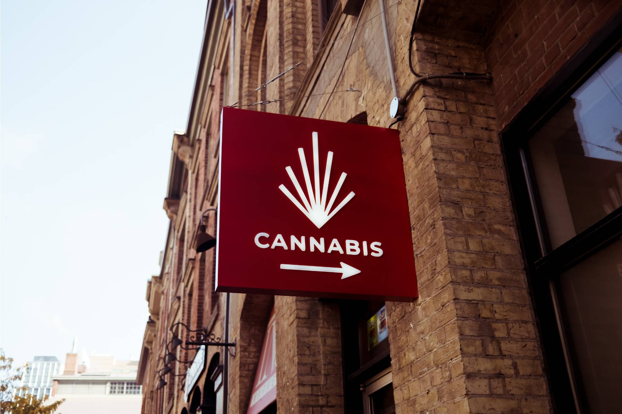 upward view of cannabis shop sign with a cannabis leaf on a maroon background